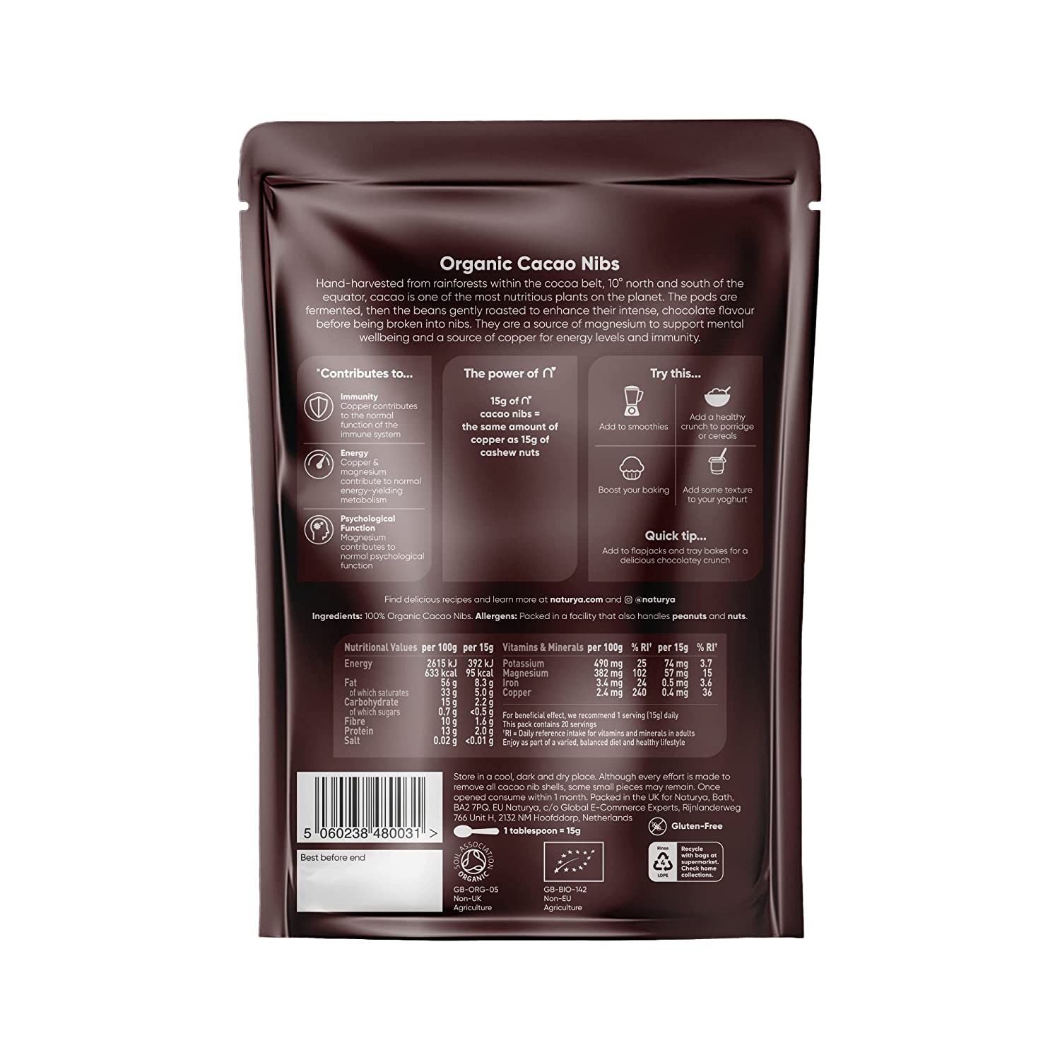 NATURYA Organic Cacao Nibs, 300g