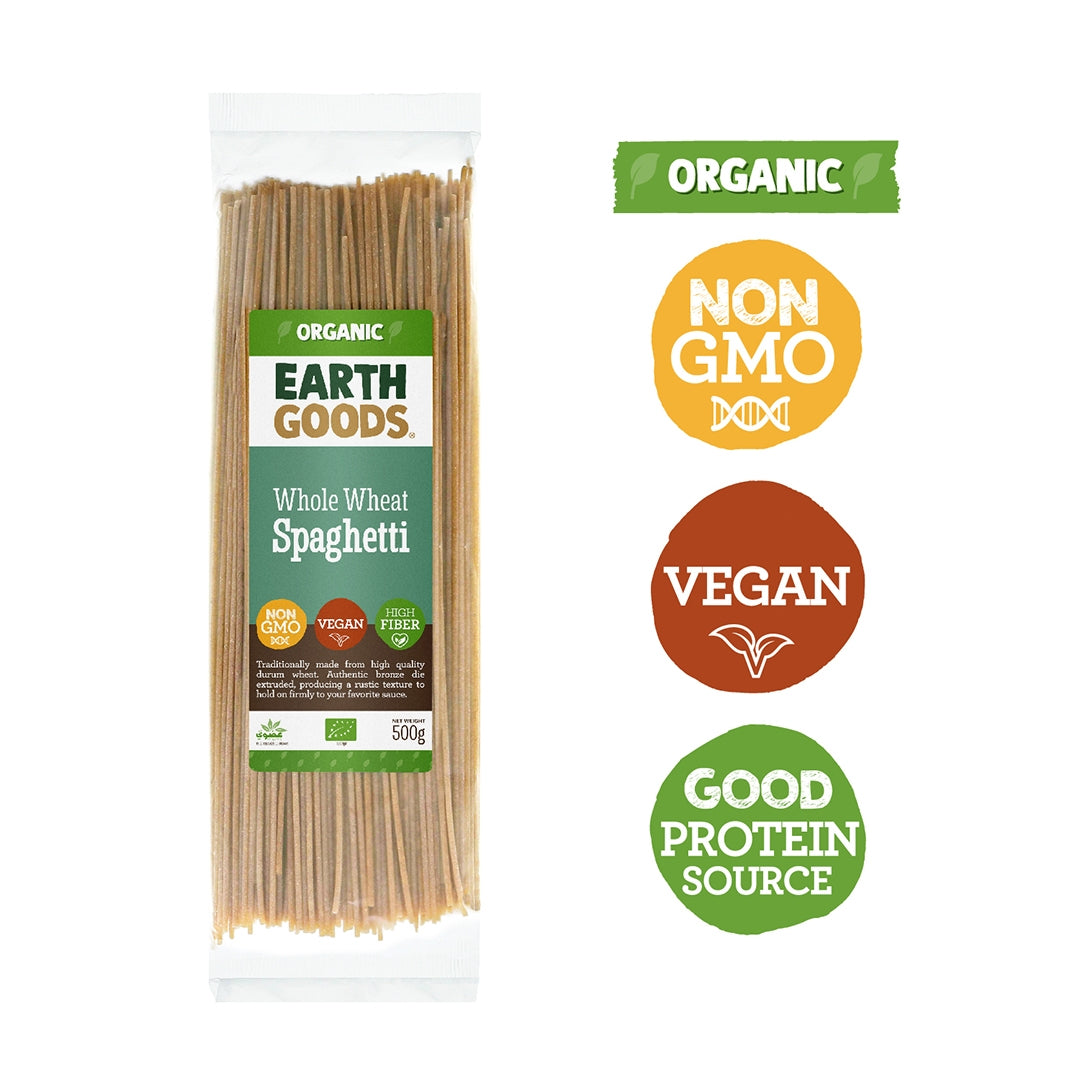 EARTH GOODS Organic Whole Wheat Spaghetti Pasta, 500g, Organic, Vegan, Non GMO