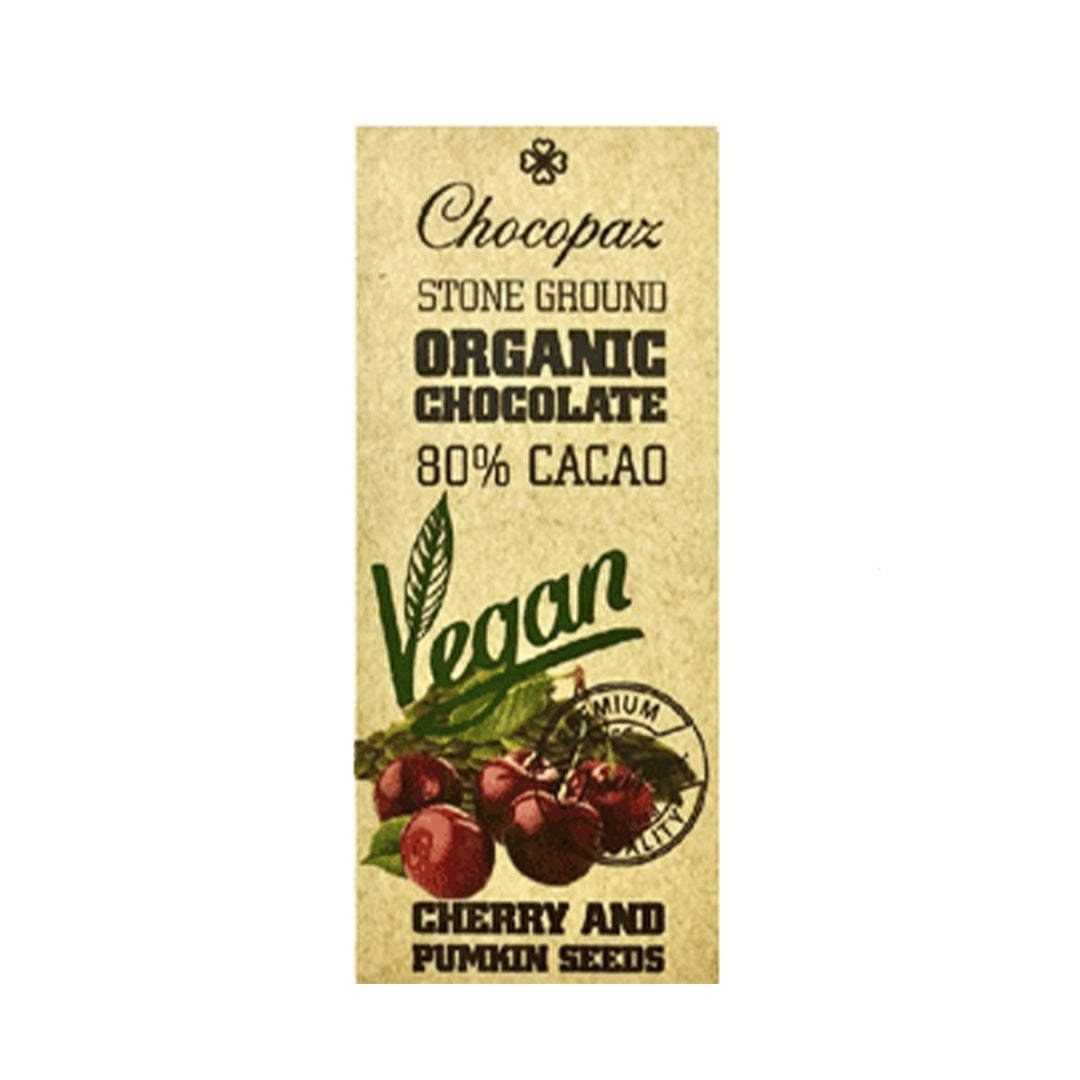 CHOCOPAZ Organic Vegan Chocolate With Cherry And Pumpkin Seed 80%, 47g