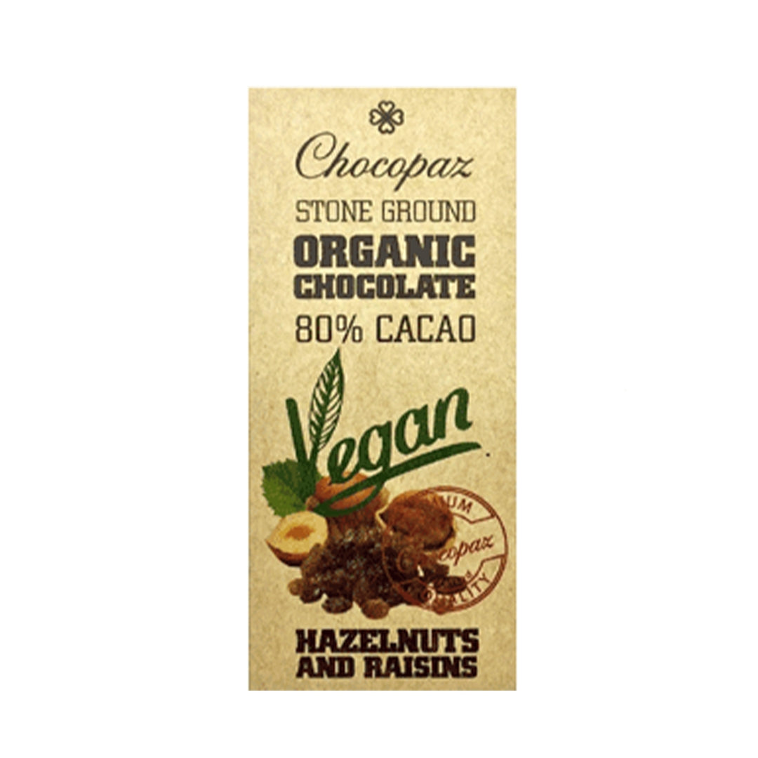 CHOCOPAZ Organic Vegan Chocolate With Hazelnuts And Raisins 80%, 47g