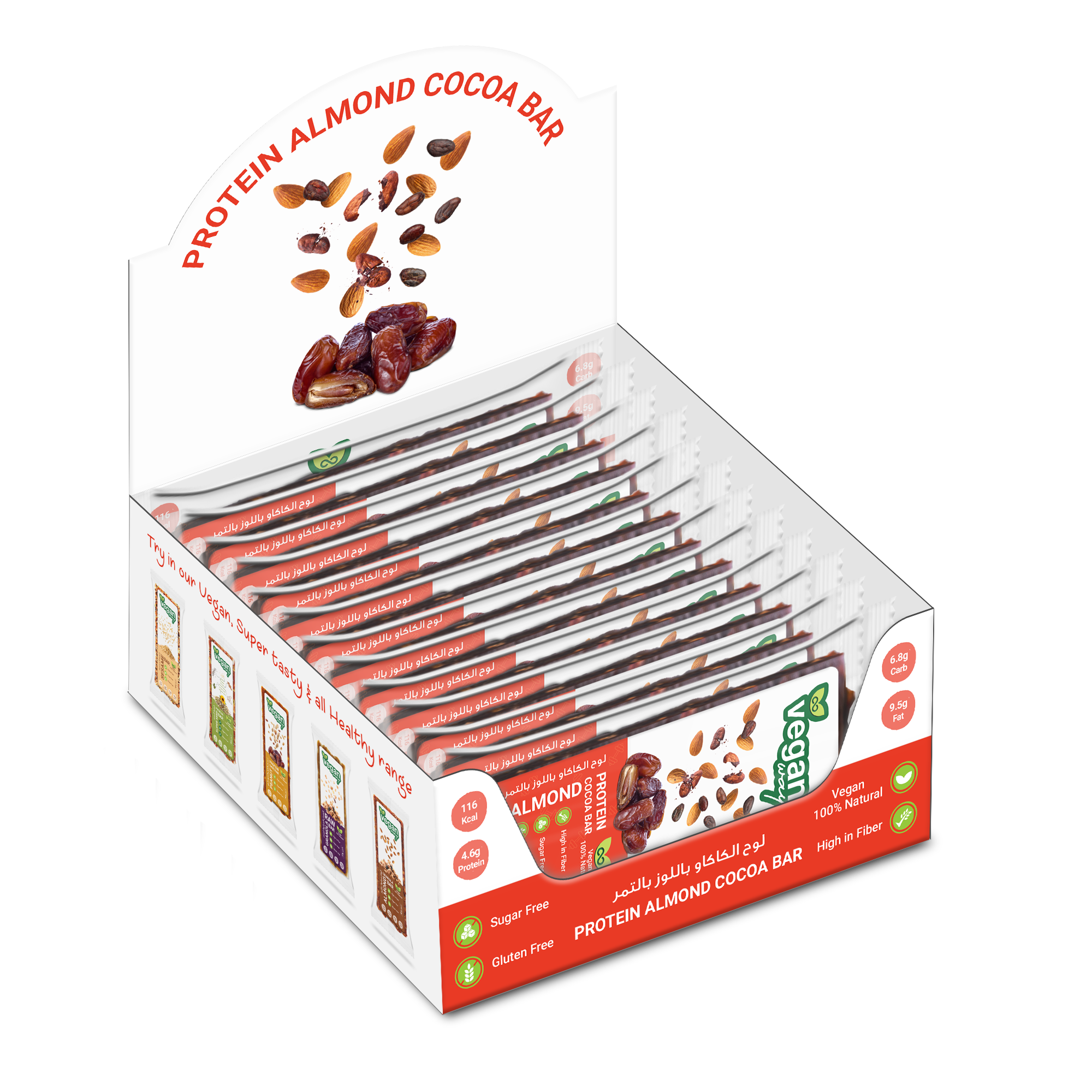 VEGAN WAY Protein Almond Cocoa Bar with Dates, Pack of 12 Pcs (40g each) - Vegan, Gluten Free, Non GMO