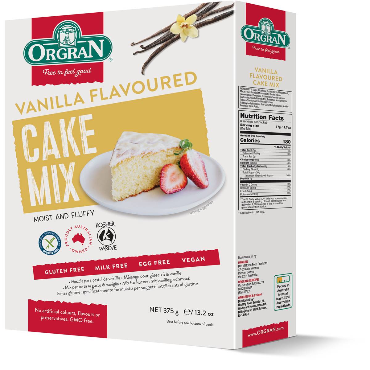 ORGRAN Vanilla Cake Mix, 375g - Vegan, Gluten Free,  Non GMO