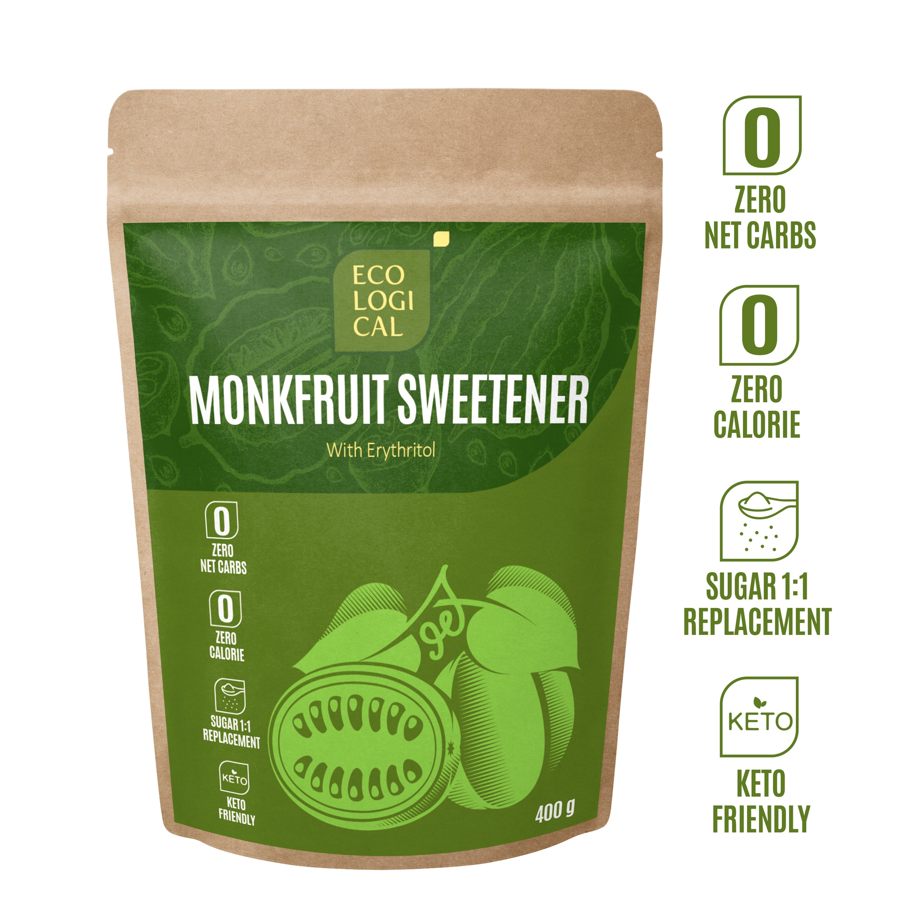 ECOLOGICAL Monkfruit Sweetener with Erythritol, 400g - COMBO of 2 Packs