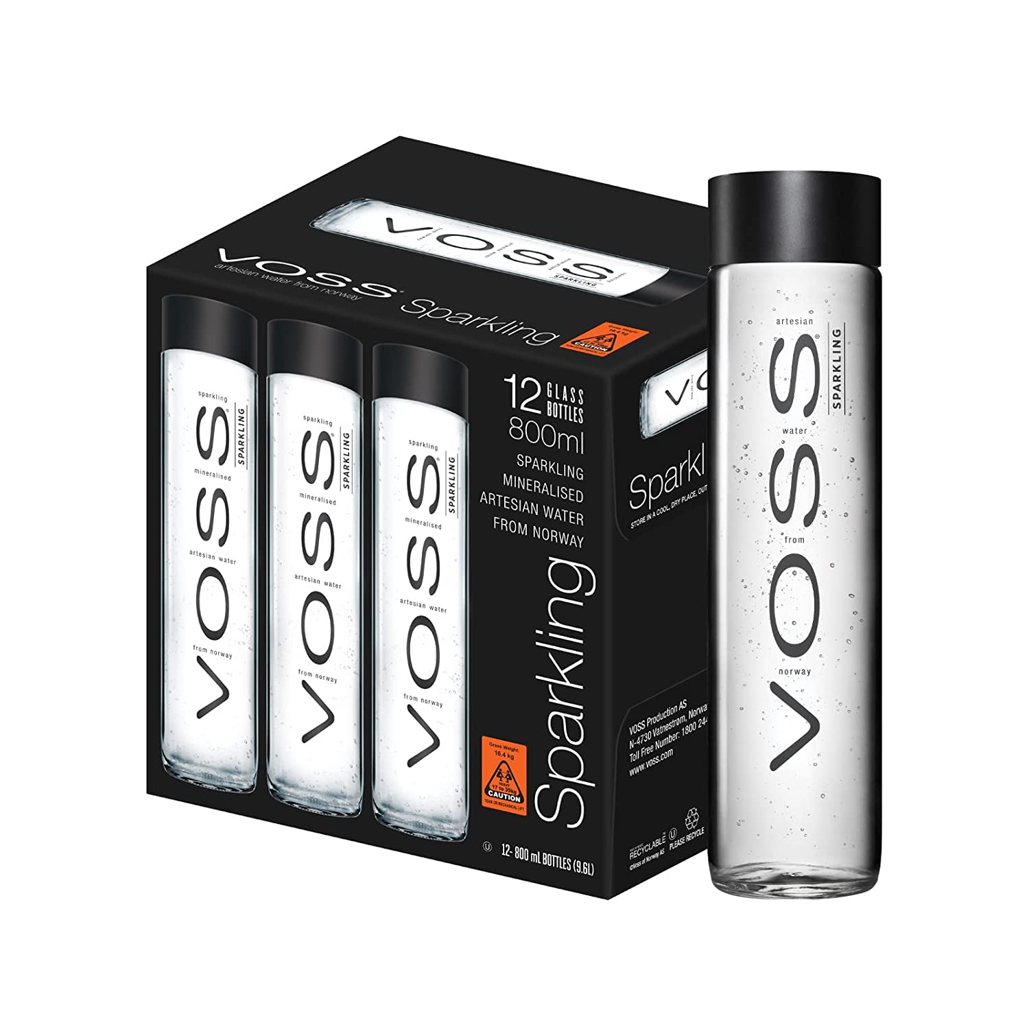 VOSS Artesian Sparkling Water, 800ml - Case of 12 Glass Bottles