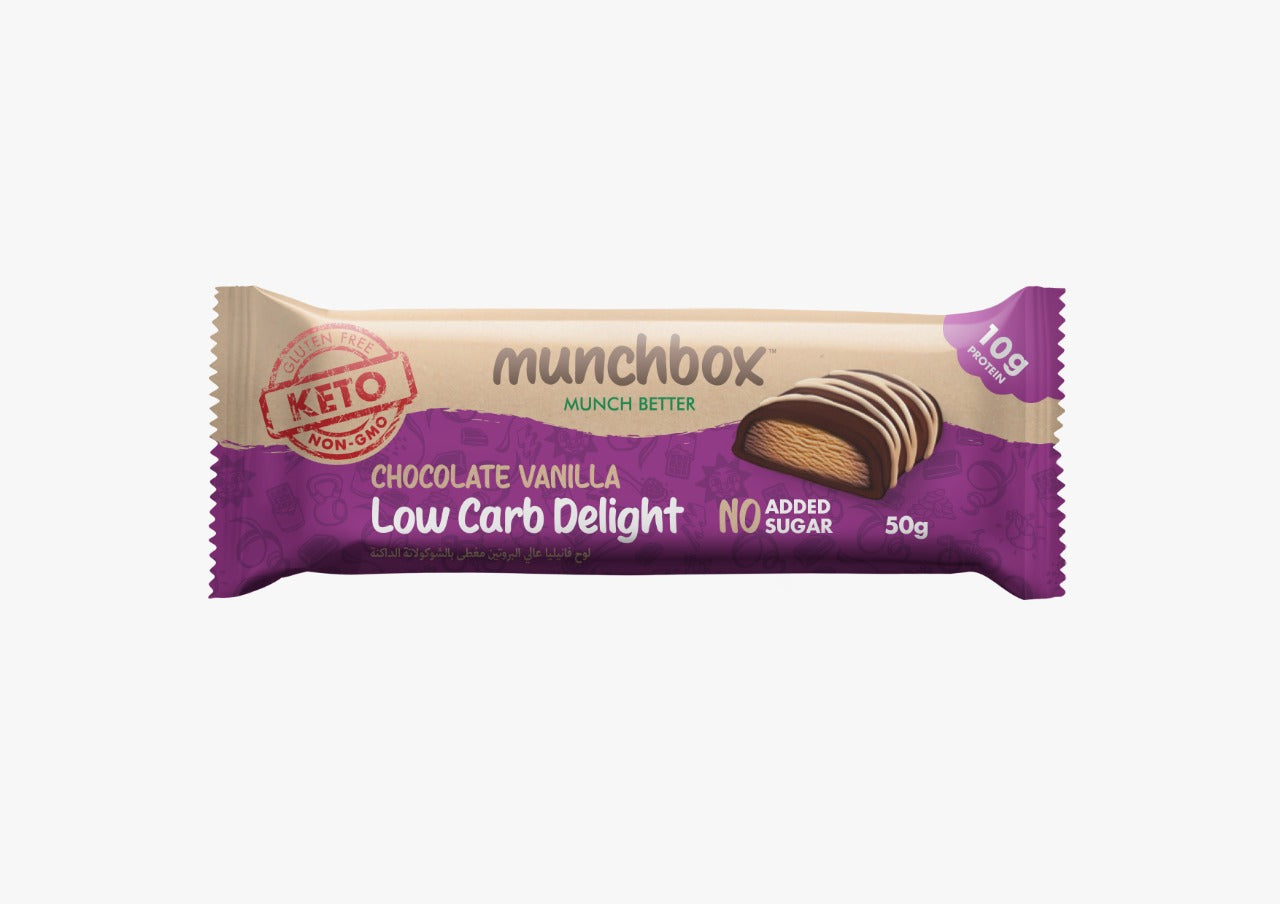 MUNCH BOX Keto Chocolate Vanilla Bar - Low Carb Delight, 50g, Keto, Non Gmo, Gluten free, Sugar free