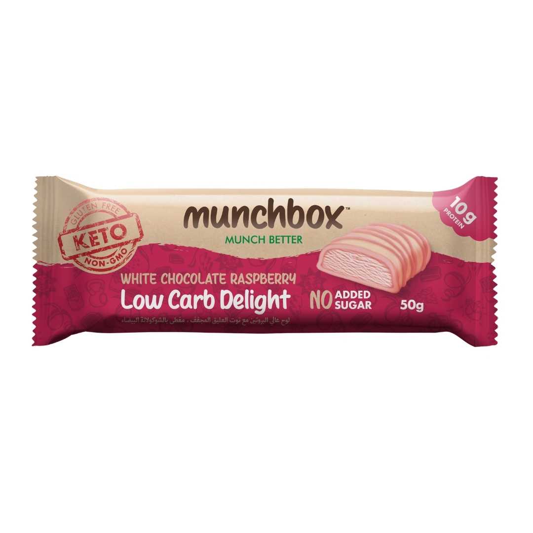 MUNCH BOX Keto White Chocolate Raspberry Bar - Low Carb Delight, 50g, Keto, Non Gmo, Gluten free, Sugar free