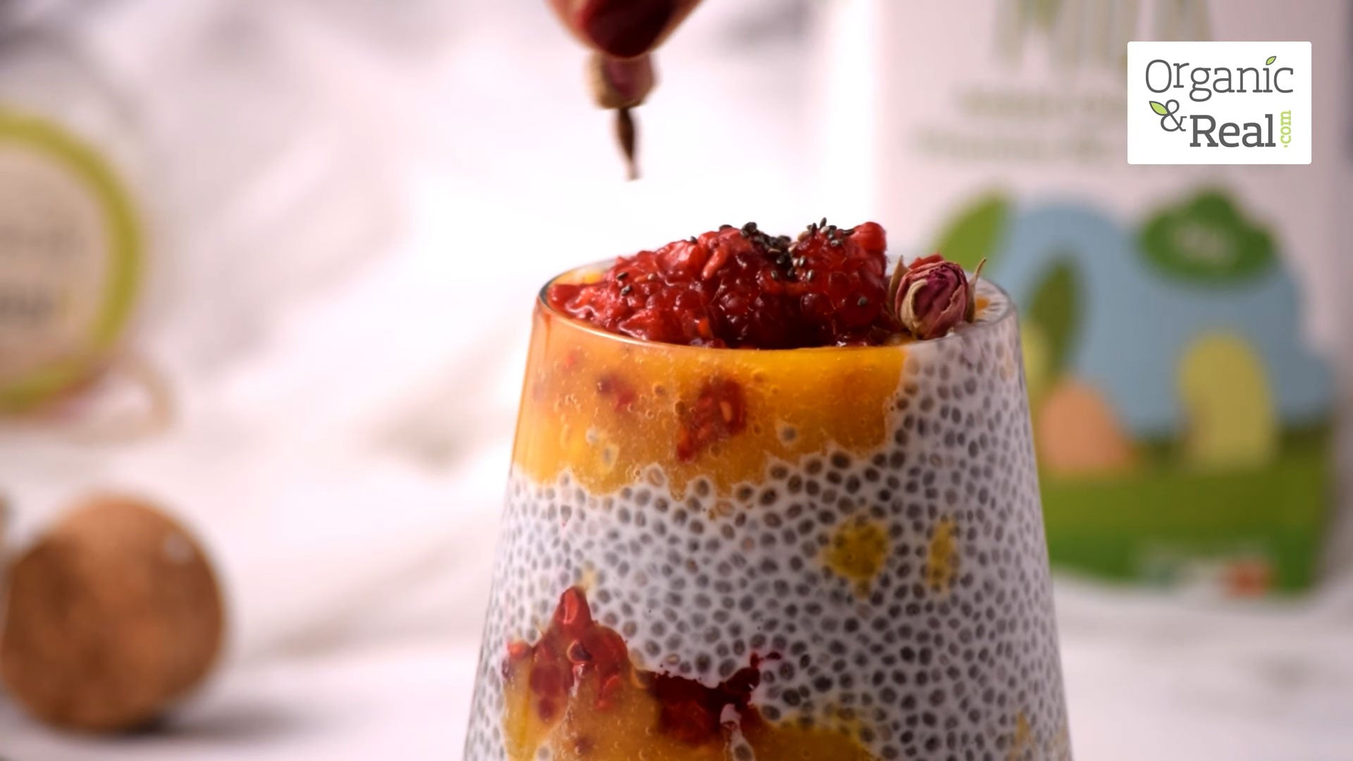 Vegan Chia seed Pudding with fresh mango and raspberry