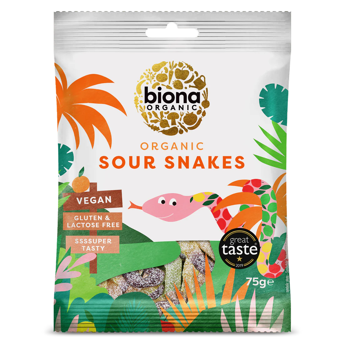 BIONA ORGANIC Sour Snakes, Gluten Free - Pack of 10 (75g each)