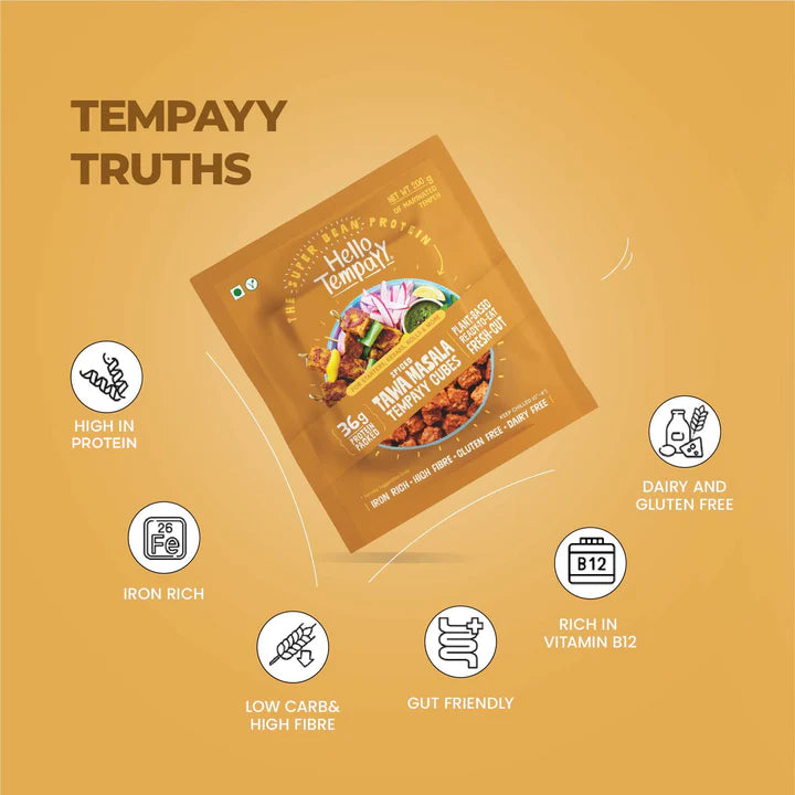 HELLO TEMPAYY Spiced Tawa Masala Tempeh Cubes, 200g - Vegan, Gluten Free