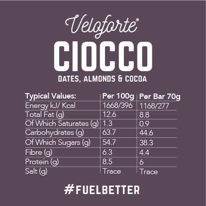 VELOFORTE Ciocco Energy Bar, 62g - Vegan, Gluten Free, Sugar Free