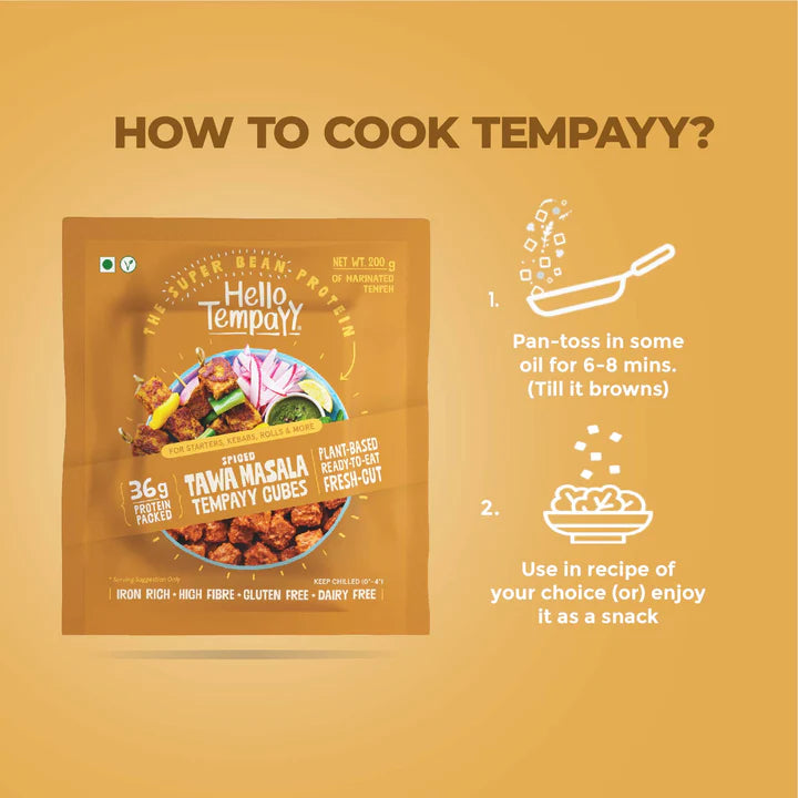 HELLO TEMPAYY Spiced Tawa Masala Tempeh Cubes, 200g - Vegan, Gluten Free