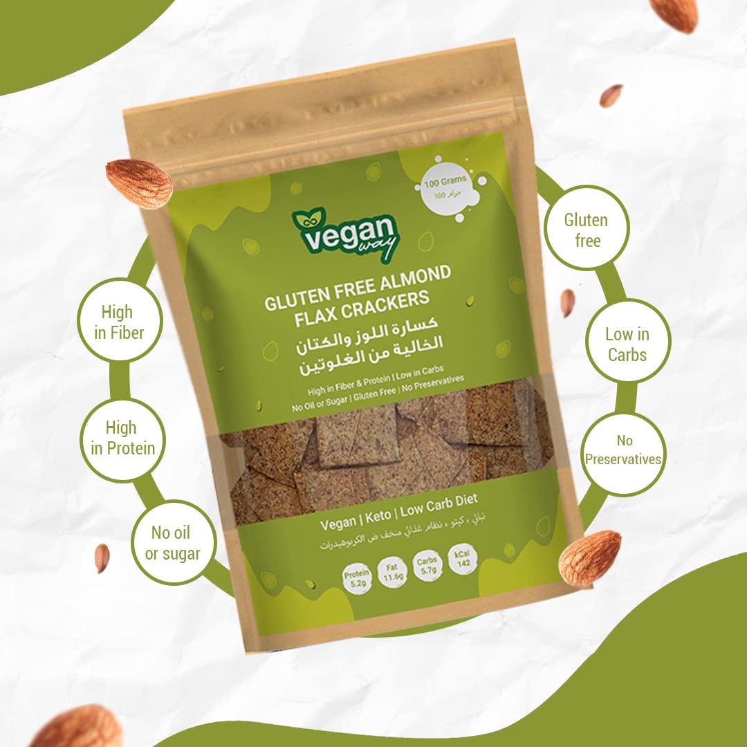 VEGAN WAY Almond Flax Crackers - Vegan, Gluten Free, Keto Friendly, Sugar Free - 100g