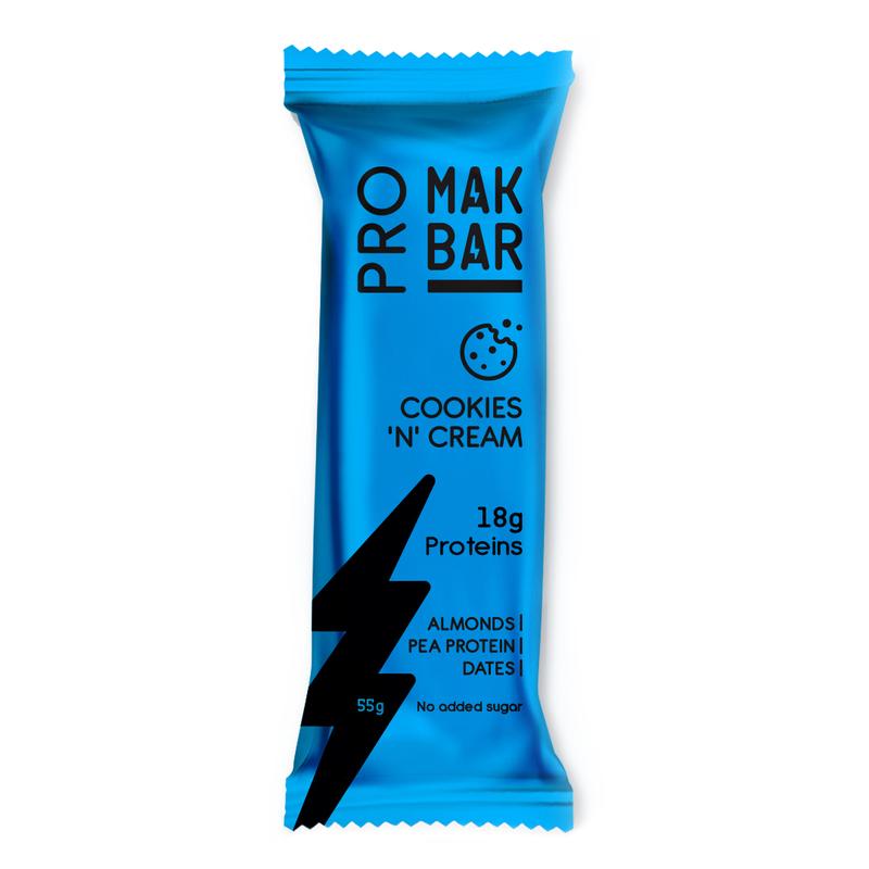 MAK BAR Pro Cookies & Cream Flavor Protein Bar, 55g, Gluten free, Sugar free
