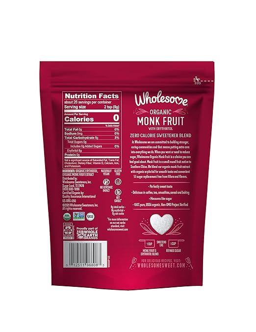 WHOLESOME Sweeteners Organic Monk Fruit Sweetener - Pack of 8 (227g each)