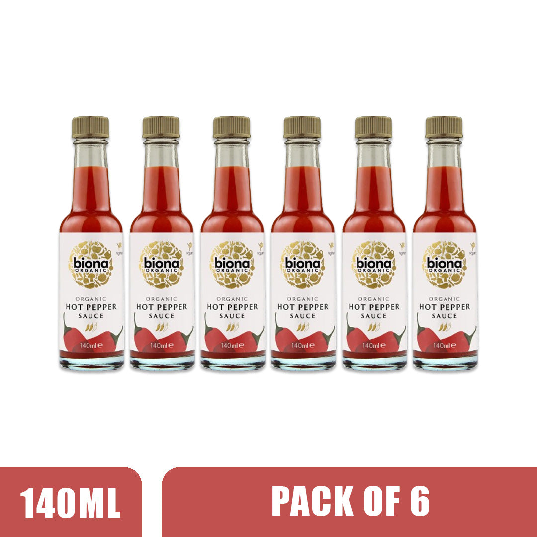 BIONA ORGANIC Hot Pepper Sauce - Pack of 6 (140ml each), Gluten Free