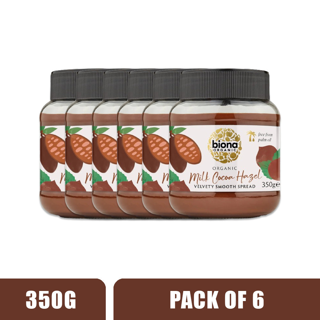 BIONA ORGANIC Milk Chocolate & Hazelnut Spread (Milk Cocoa Hazel) - Pack of 6 (350g each)