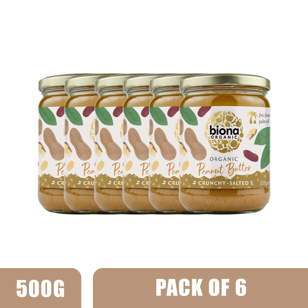 BIONA ORGANIC Peanut Butter Crunchy with Salt - Pack of 6 (500g each)