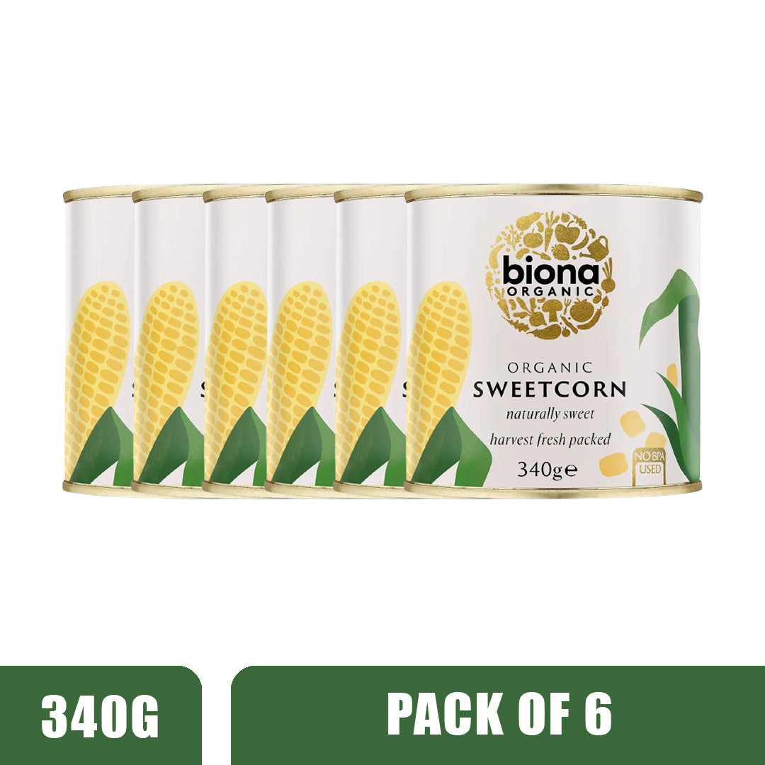BIONA ORGANIC Sweetcorn in Can, Naturally Sweet - Pack of 6 (340g each)