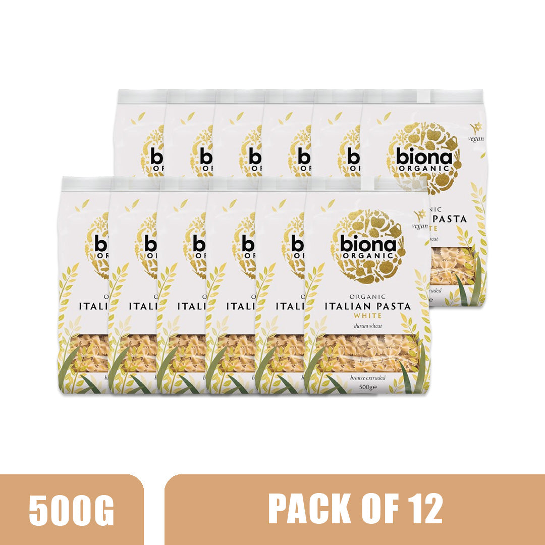 BIONA ORGANIC White Farfalle Pasta - Pack of 12 (500g each)