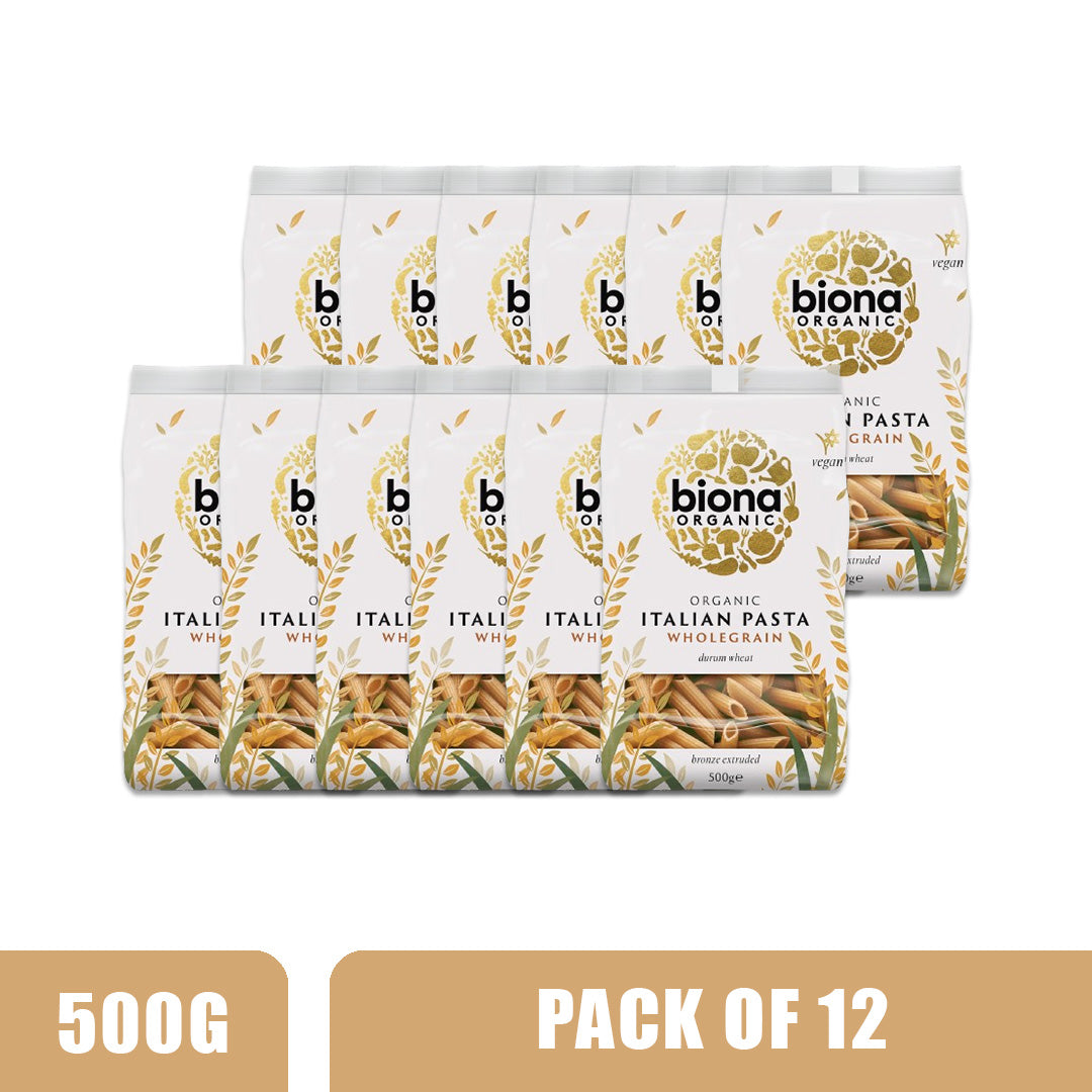 BIONA ORGANIC Wholewheat Penne Pasta - Pack of 12 (500g each)