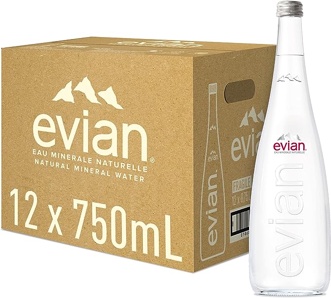 EVIAN Natural Mineral Water Glass Bottle (Case Of 12), 750ml