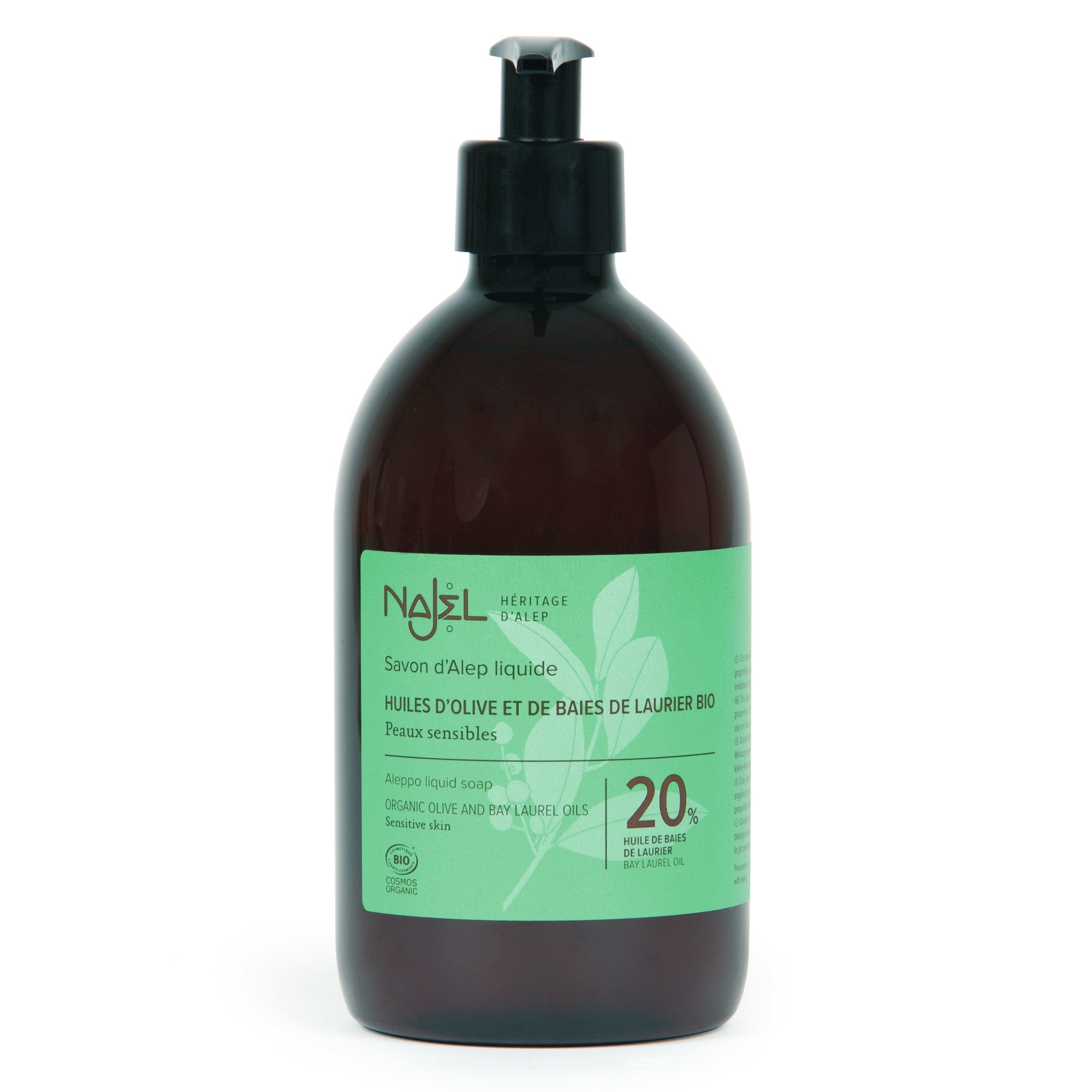 NAJEL Organic Skincare - Aleppo Liquid Soap Organic Olive &amp; BLO 20%, 500ml, Organic, Vegan