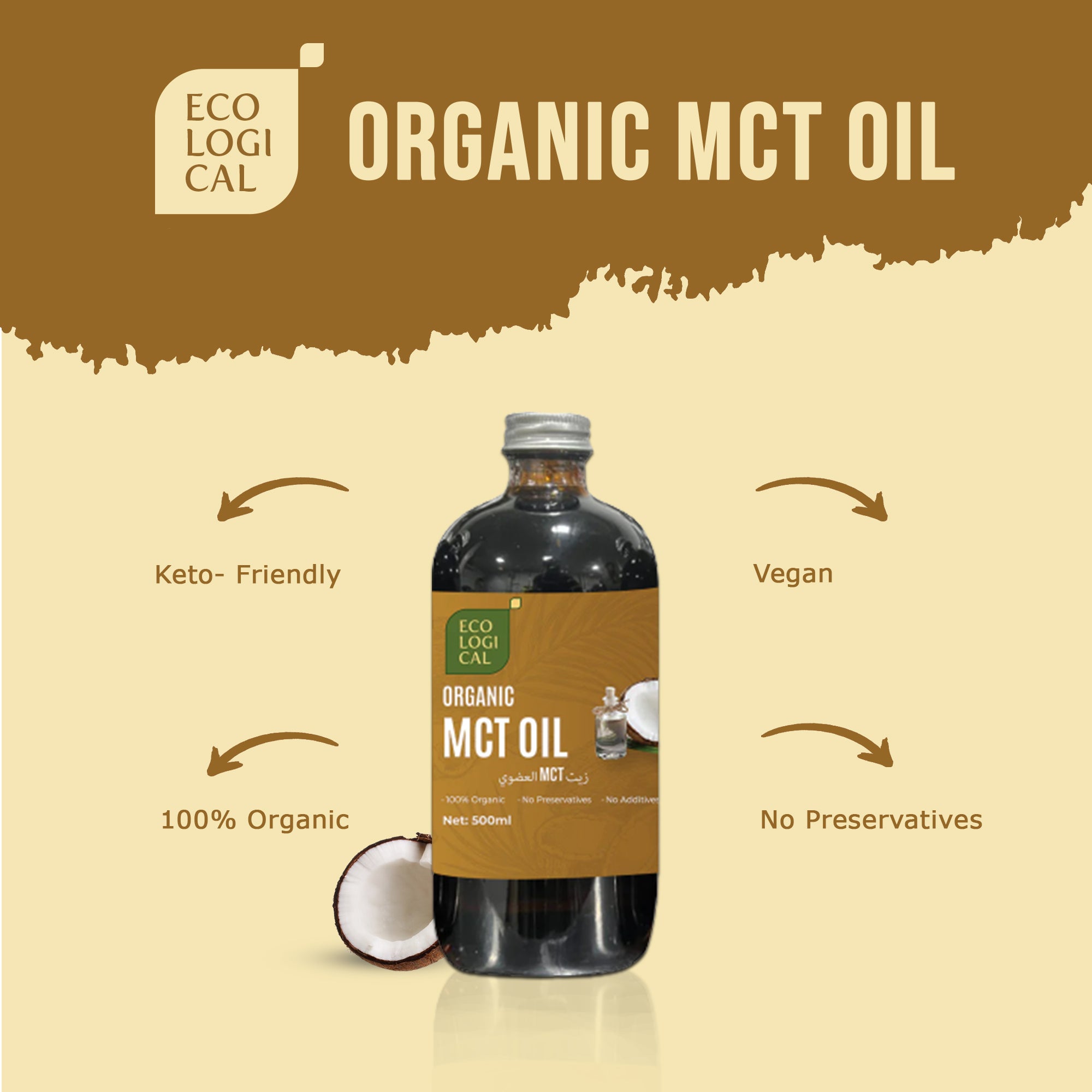 Pure ECOLOGICAL Organic MCT Oil - Premium 500ml for Clean Energy and Wellness