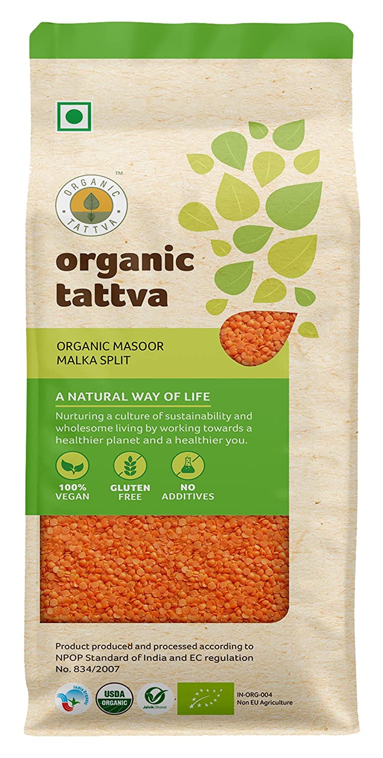 ORGANIC TATTAVA Organic Masoor Dal (Masoor Malka Split), 1Kg - Organic, Vegan, Gluten Free