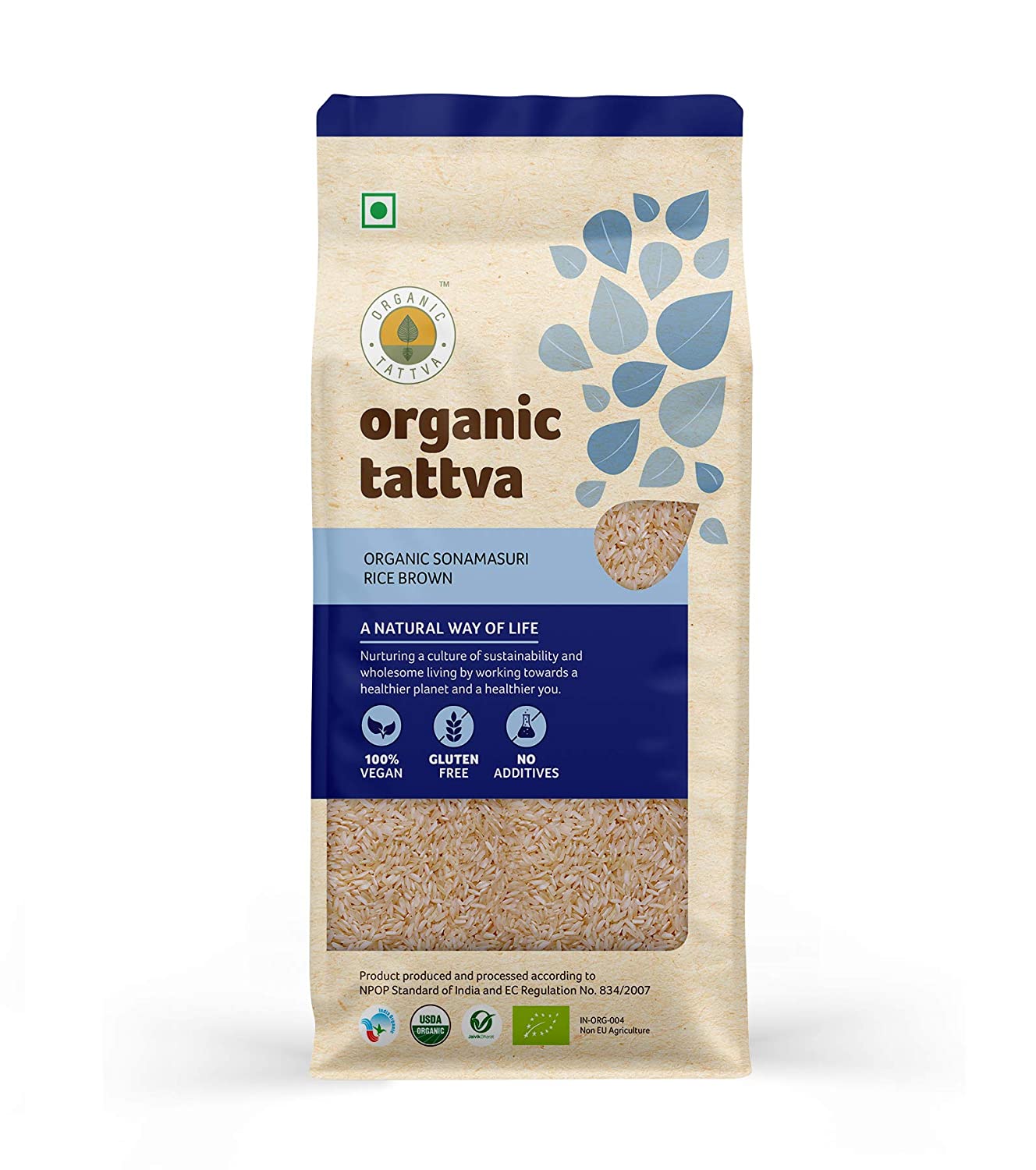 ORGANIC TATTAVA Organic Sonamasuri Rice Brown, 1Kg - Organic, Vegan