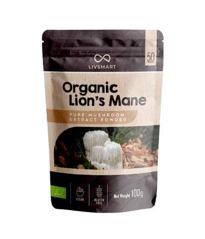 LIVSMART Organic Lion's Mane, Pure Mushroom Extract Powder, 100g - Organic, Vegan, Gluten Free