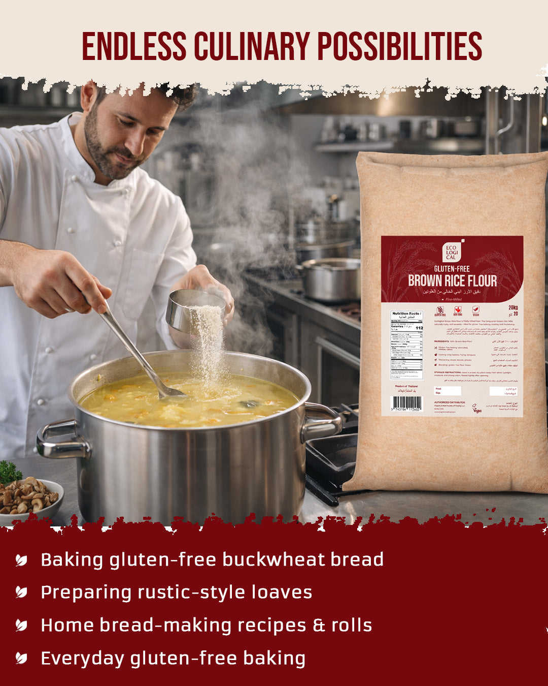 ECOLOGICAL Gluten-Free Brown Rice Flour, 20 kg