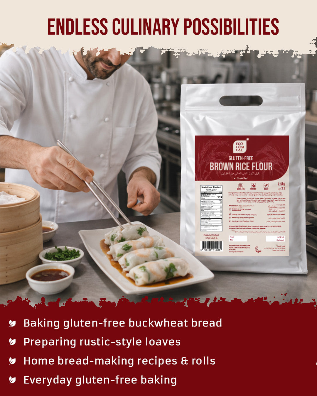ECOLOGICAL Gluten-Free Brown Rice Flour, 2.5 kg