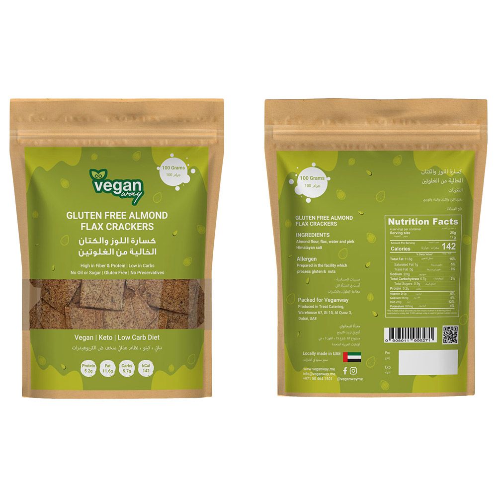 VEGAN WAY Almond Flax Crackers - Vegan, Gluten Free, Keto Friendly, Sugar Free - 100g