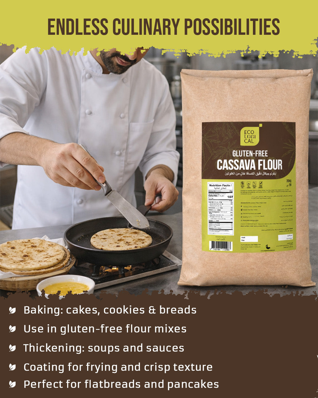 ECOLOGICAL Gluten-Free Cassava Flour, 20 Kg