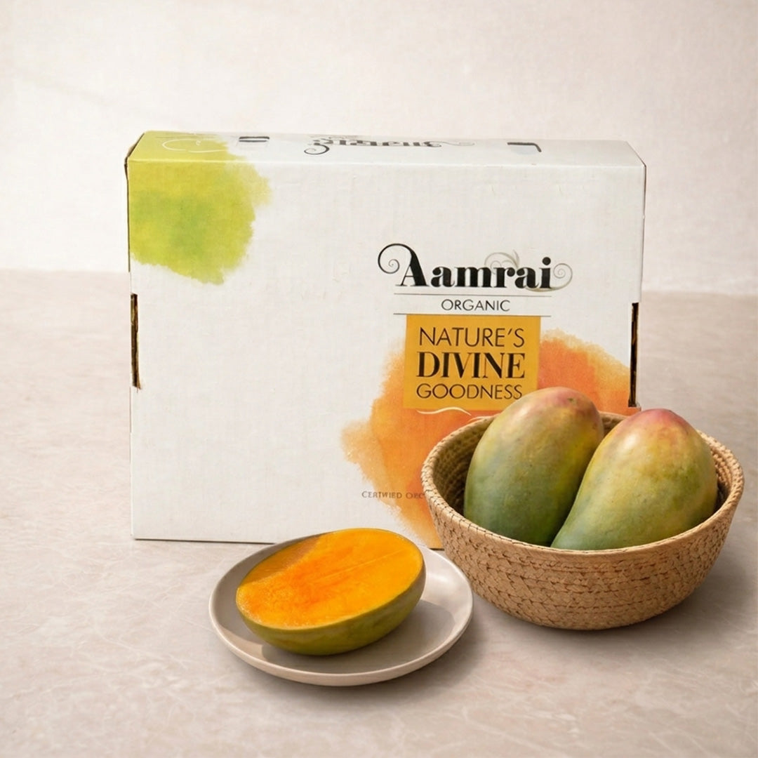 AAMRAI Organic Kesar Mangoes – 9–12 pcs (2.5–3kg Box, Sweet Dessert Mango)
