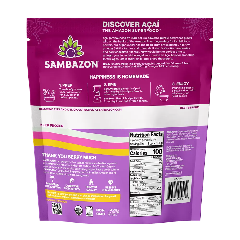 SAMBAZON Organic Original Blend Acai Smoothie, 4 x 100g