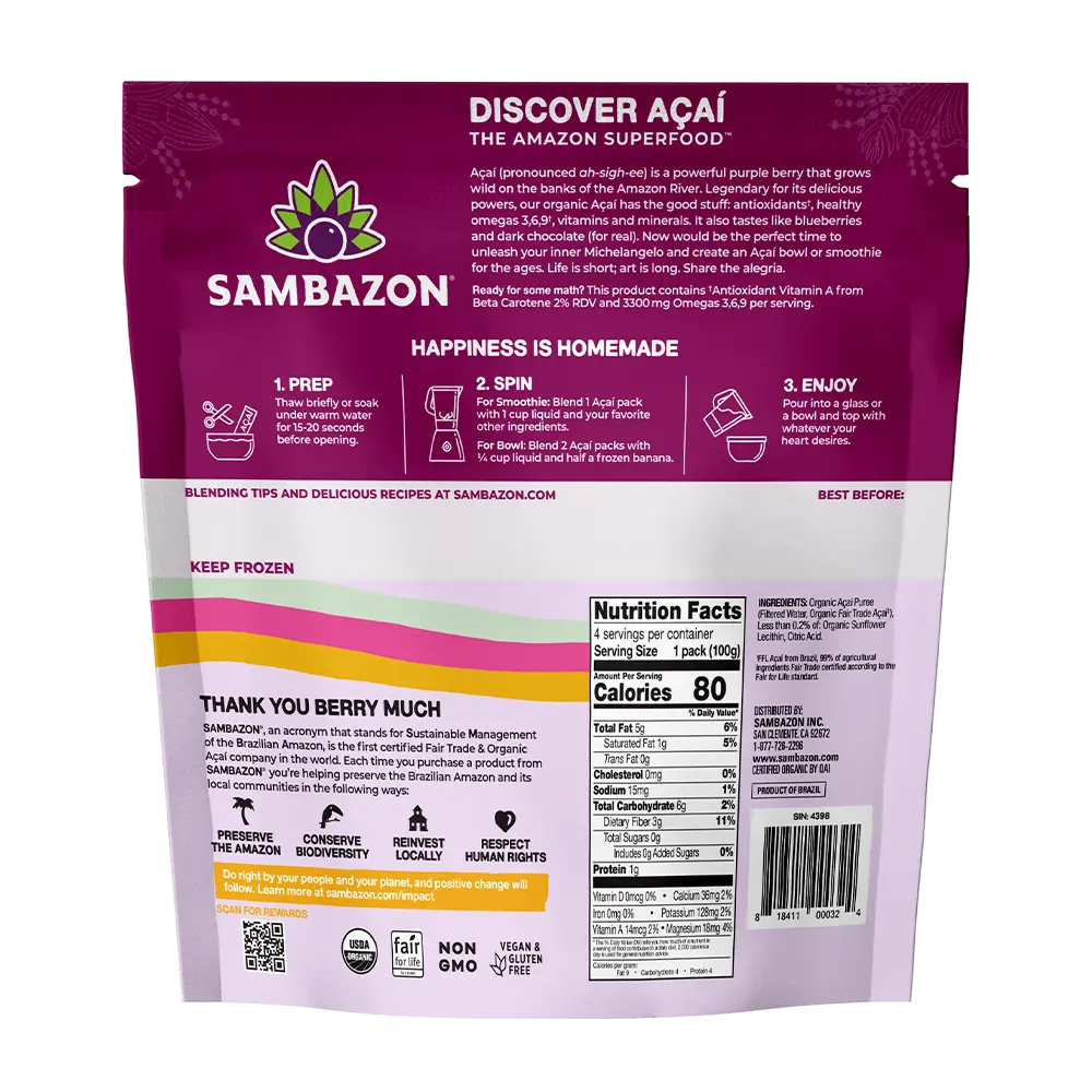 SAMBAZON Organic Pure Unsweetened Acai Smoothie, 4 x 100g