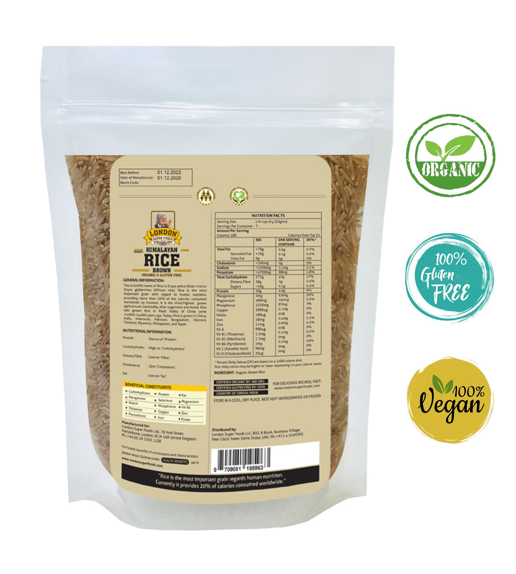 LONDON SUPER FOODS Organic Himalayan Brown Basmati Rice, 350g