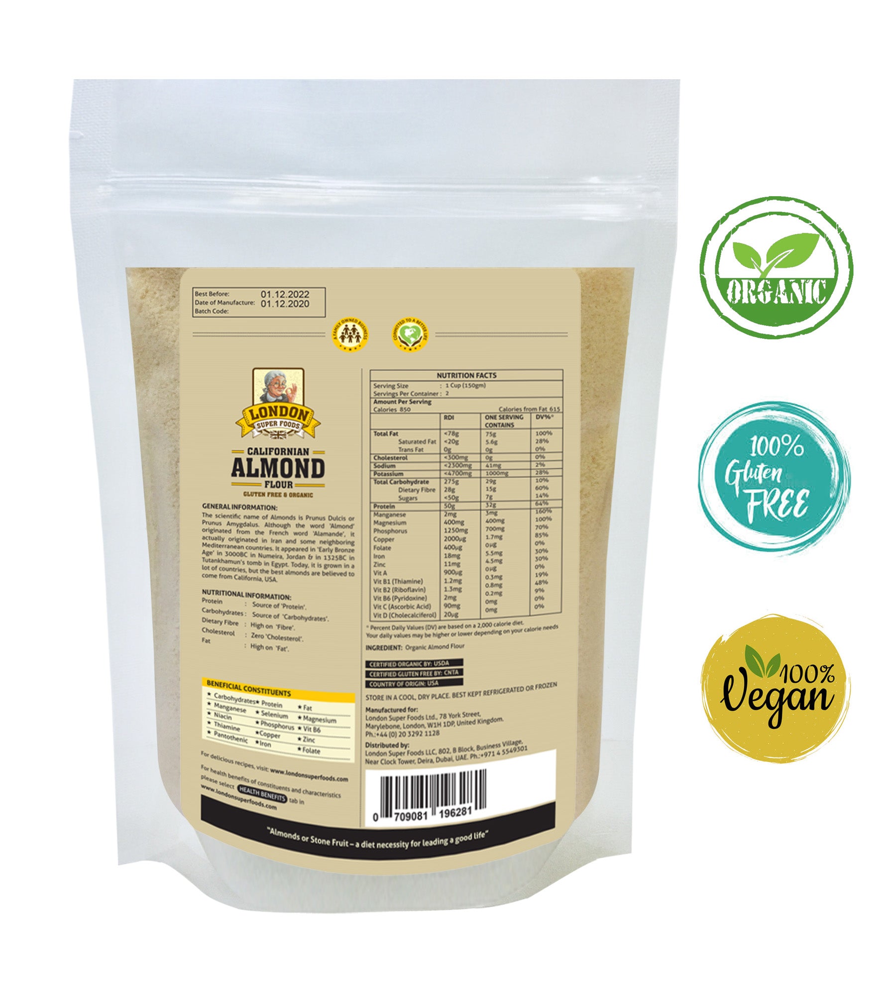 LONDON SUPER FOODS Organic Californian Almond Flour, 300g - Gluten Free