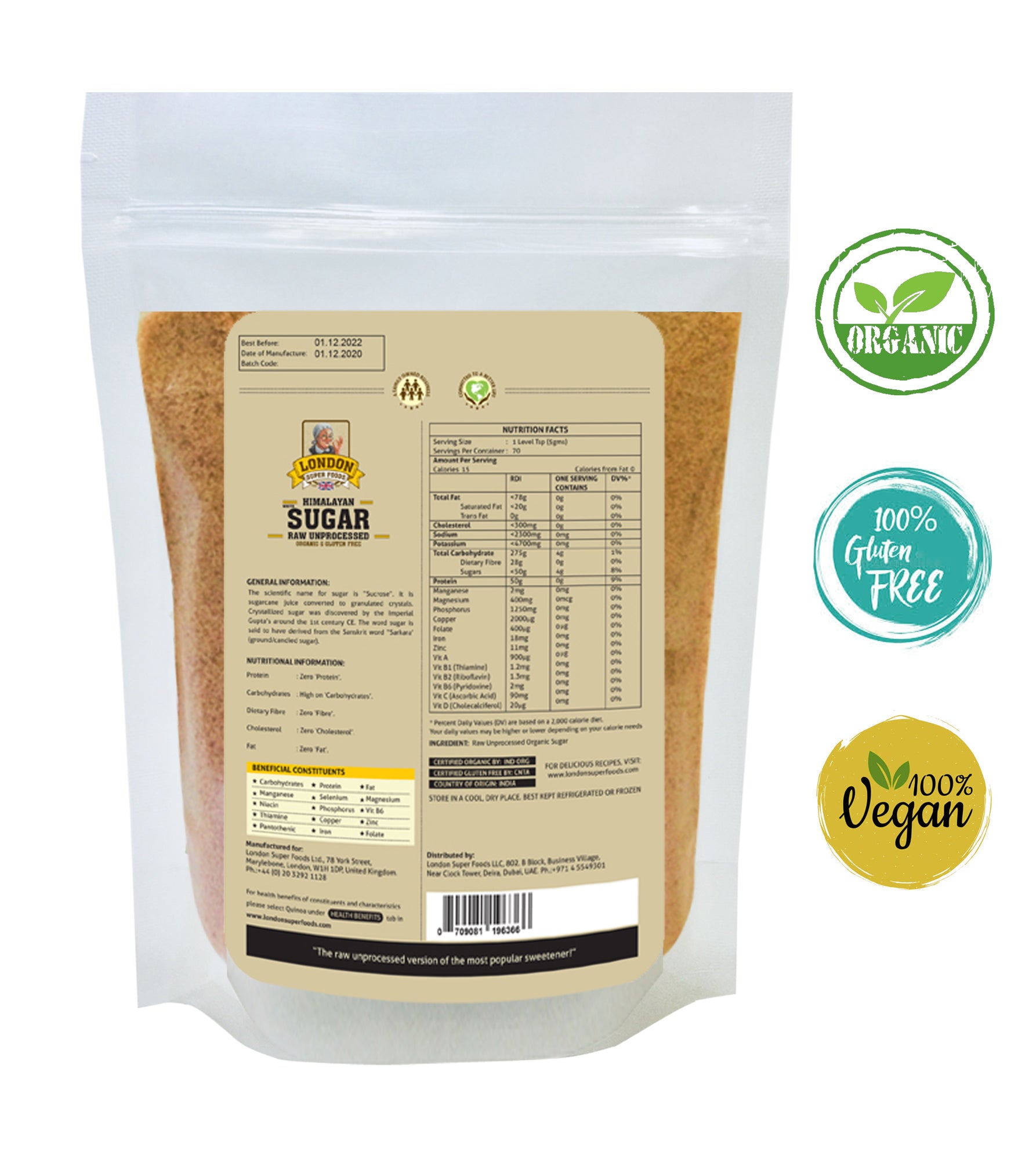 LONDON SUPER FOODS Organic Himalayan Sugar Raw Unprocessed, 350g