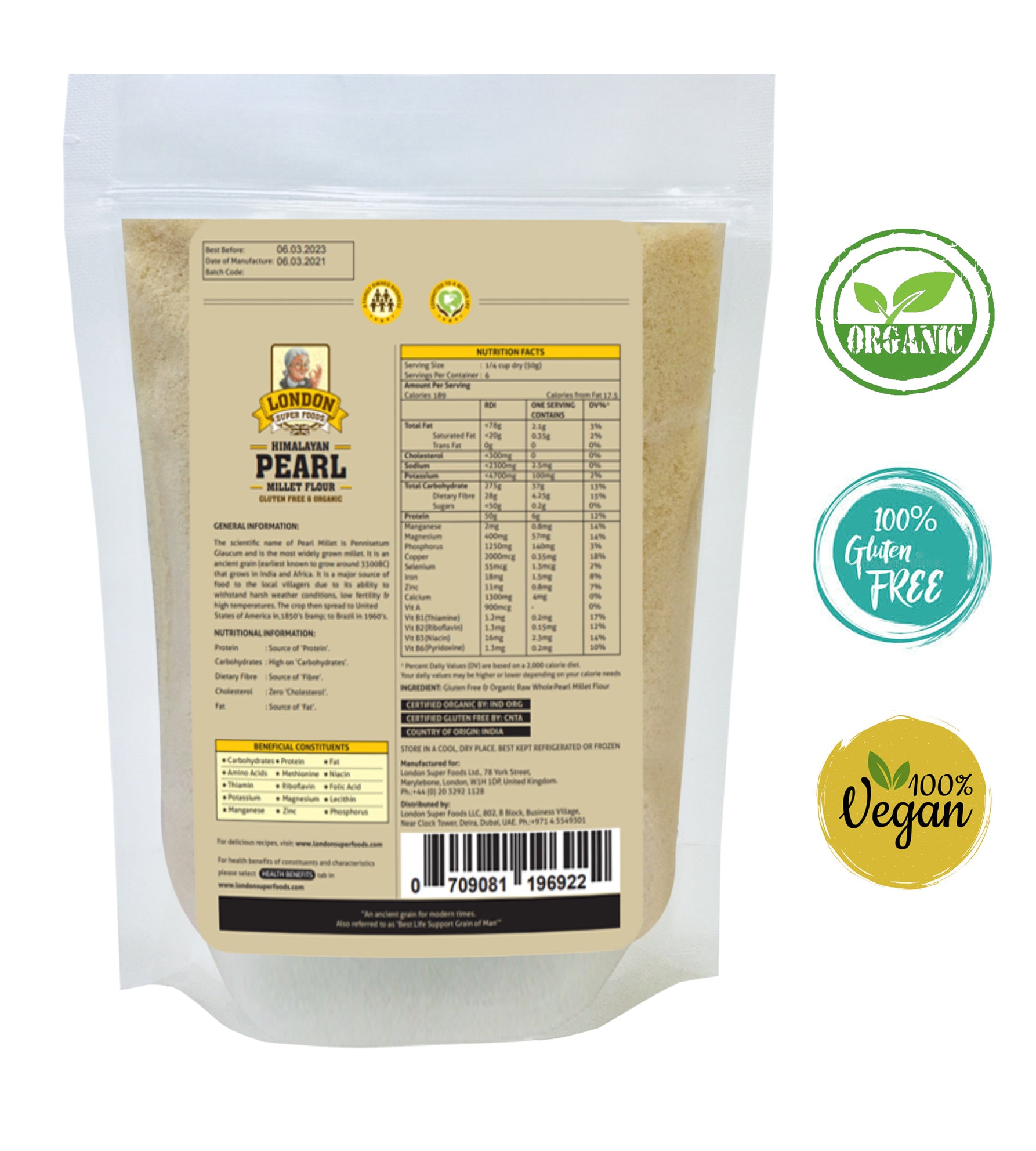 LONDON SUPER FOODS Himalayan Organic Pearl Millet Flour, 300g - Gluten Free