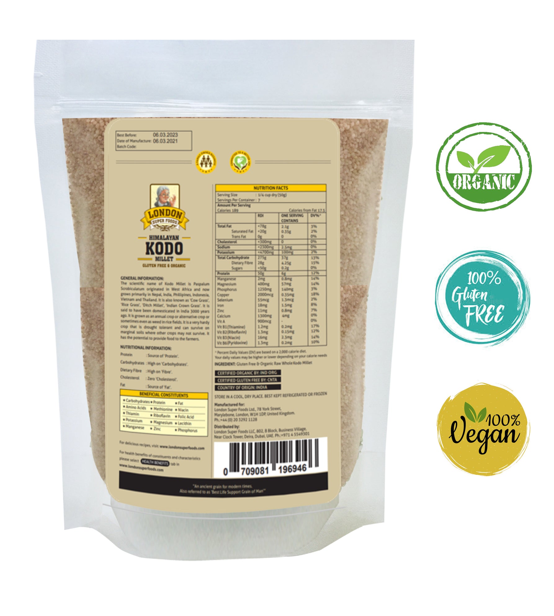 LONDON SUPER FOODS Himalayan Organic Kodo Millet, 350g - Gluten Free