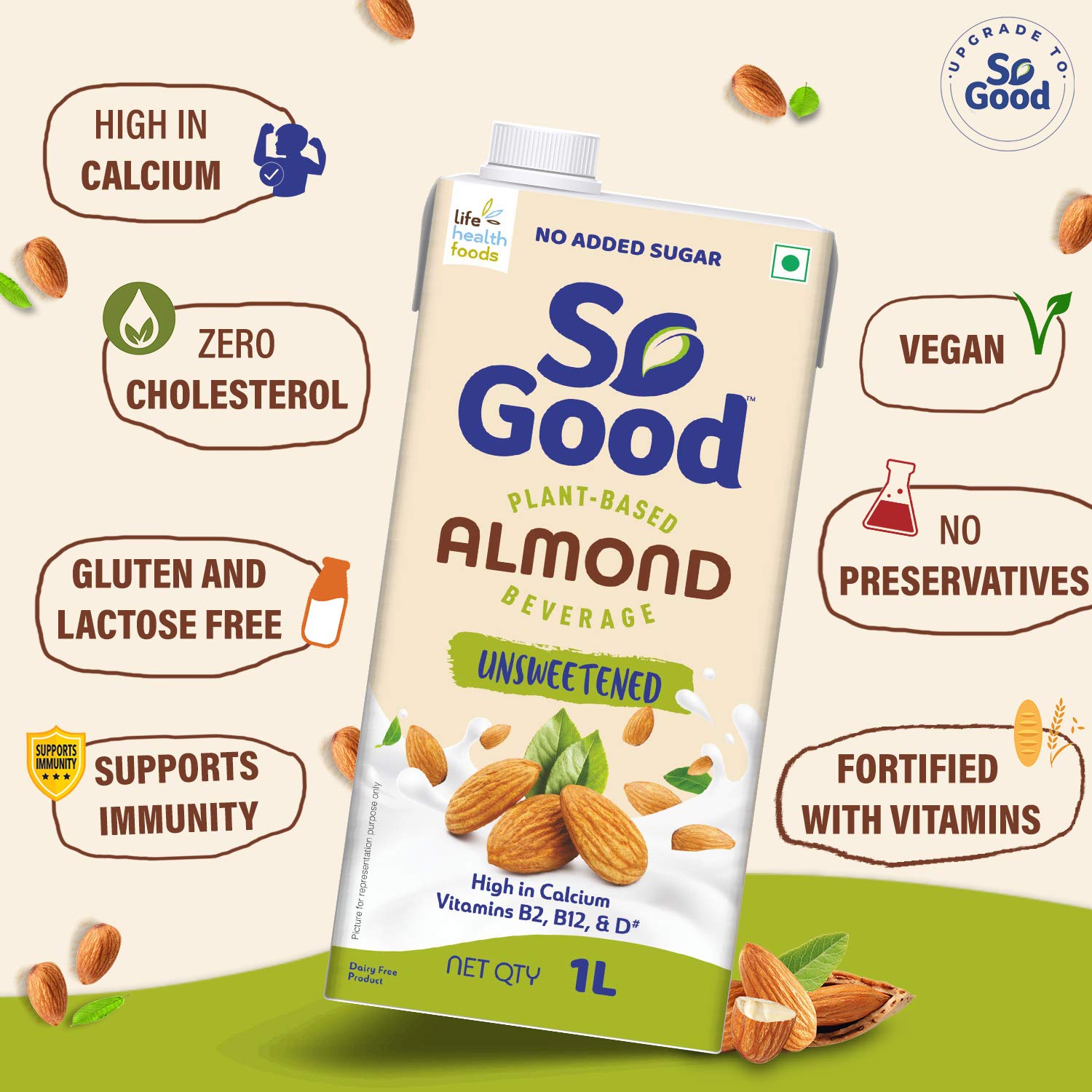SO GOOD Almond Milk Unsweetened, 1Ltr
