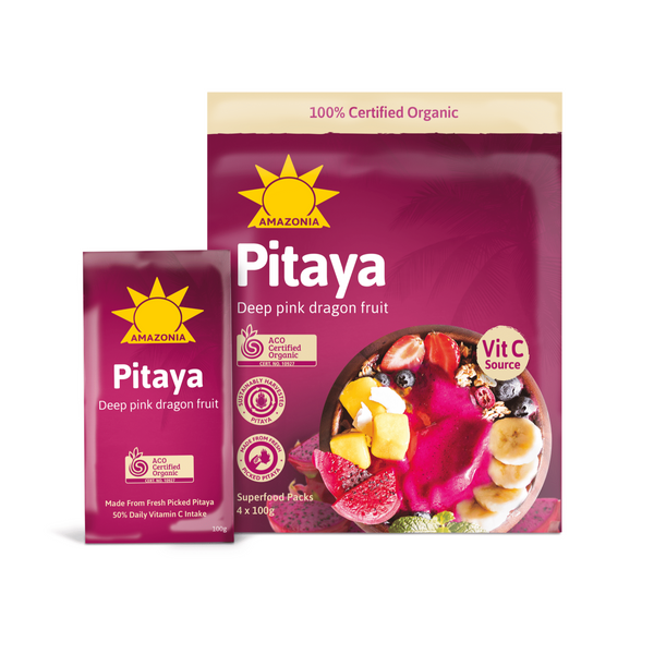 AMAZONIA Organic Deep Pink Dragon Fruit Pitaya Puree, 400g, GMO Free,