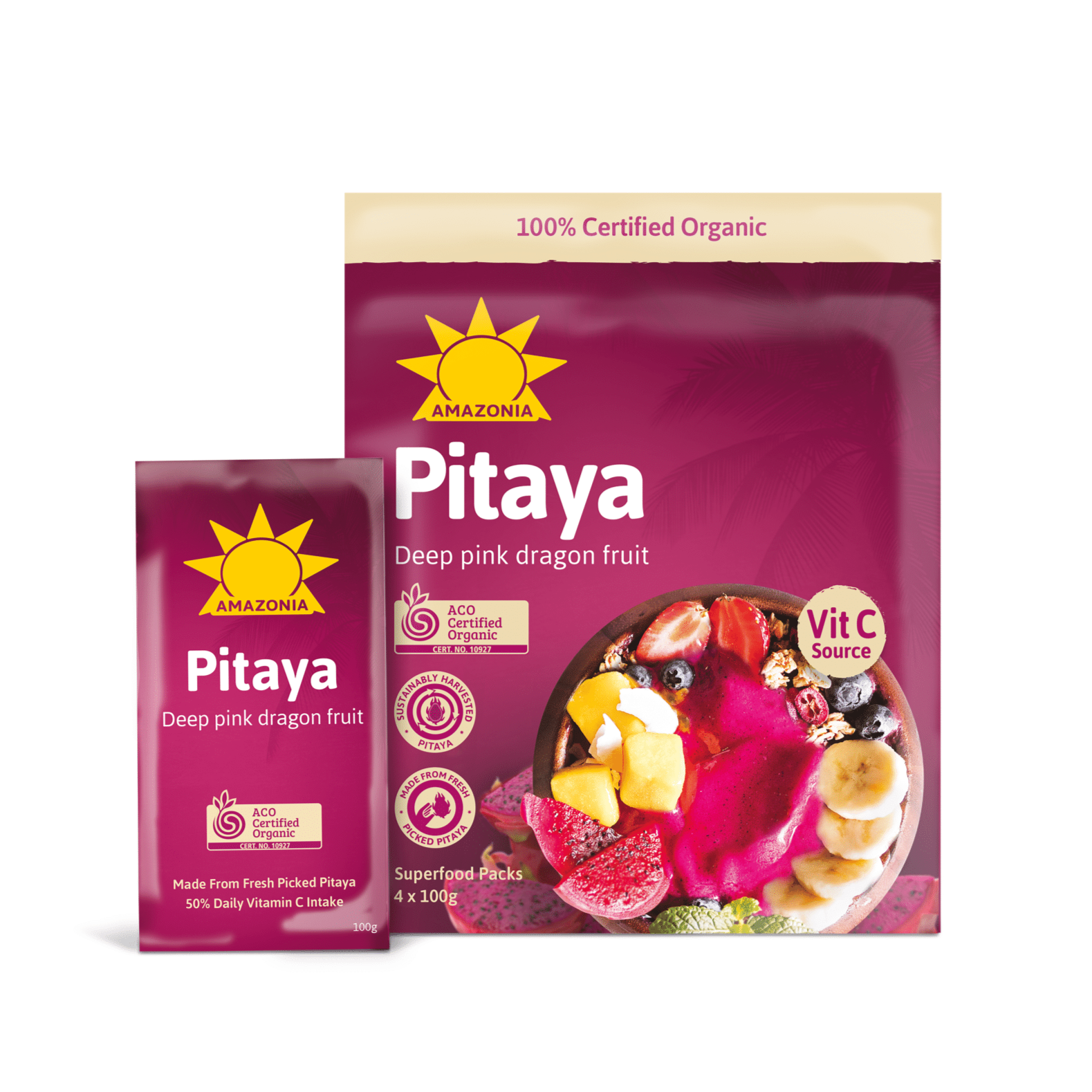 AMAZONIA Organic Deep Pink Dragon Fruit Pitaya Puree, 4Kg - Pack of 40