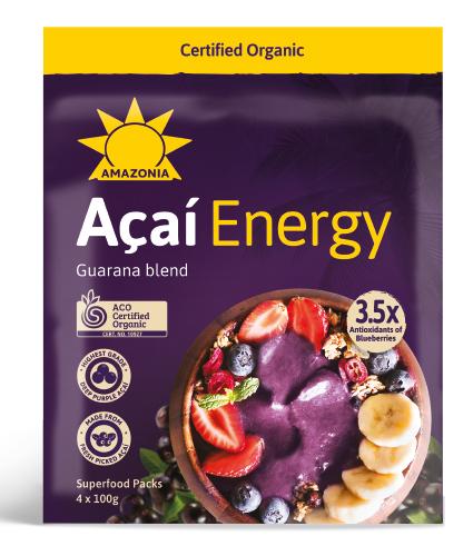AMAZONIA Organic Acai Energy Guarana Blend Smoothies, 400g, GMO Free, Gluten Free, Vegan