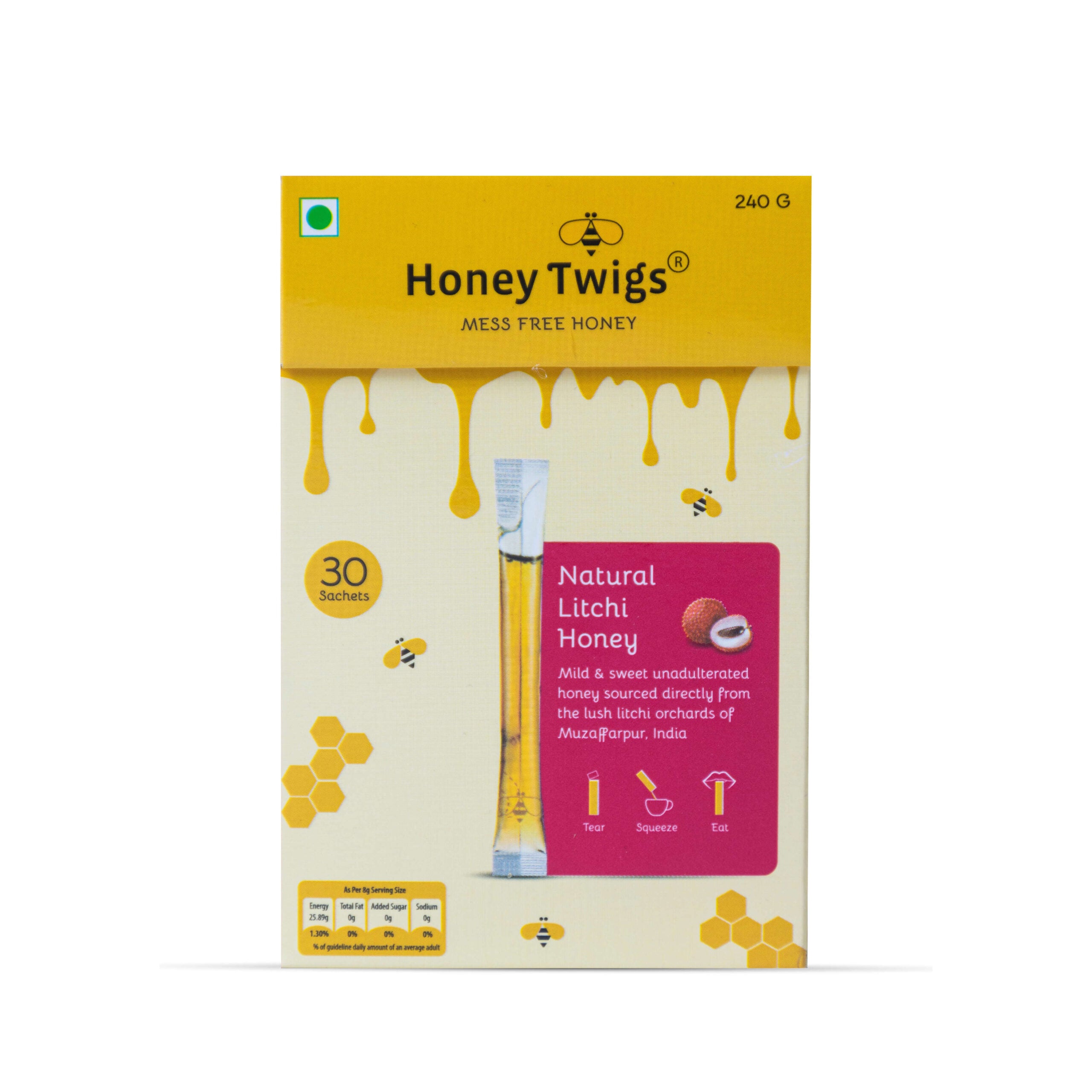 HONEY TWIGS Natural Litchi Honey, 240g - Pack of 30 Sachets