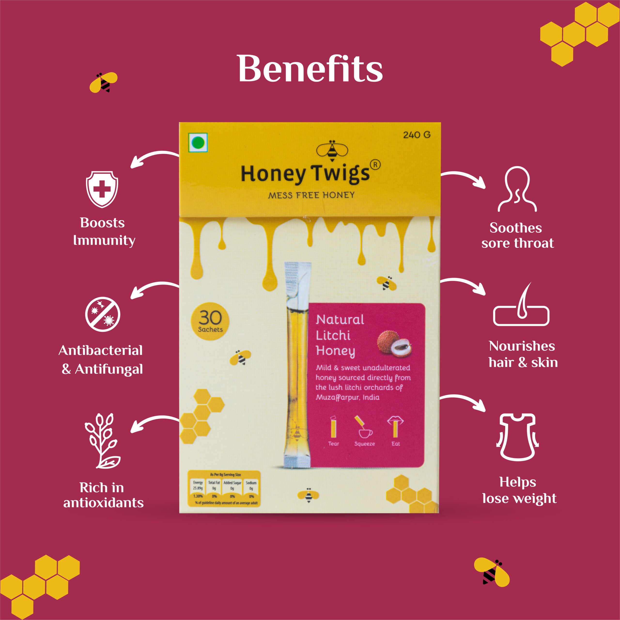 HONEY TWIGS Natural Litchi Honey, 240g - Pack of 30 Sachets