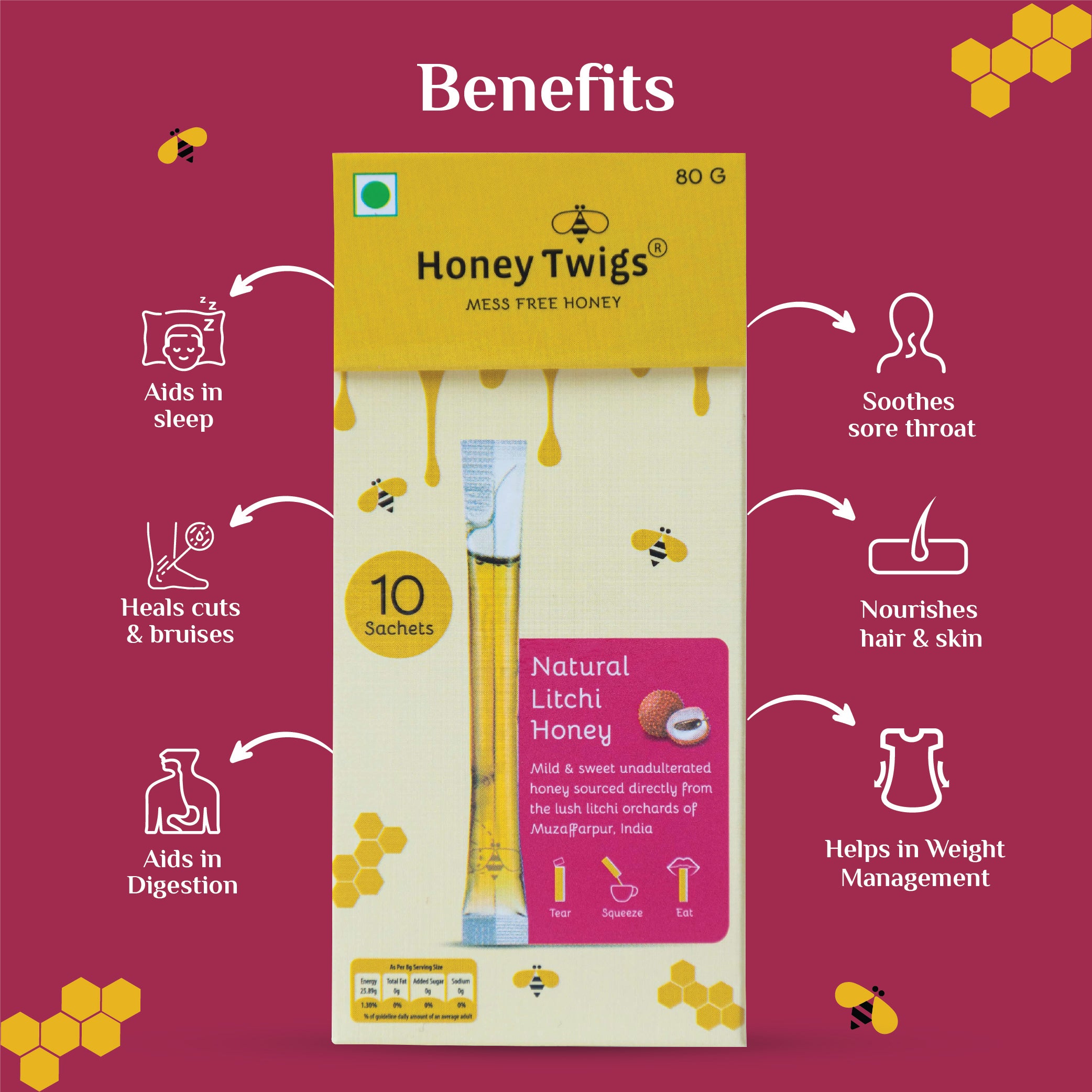 HONEY TWIGS Natural Litchi Honey, 80g - Pack of 10 Sachets