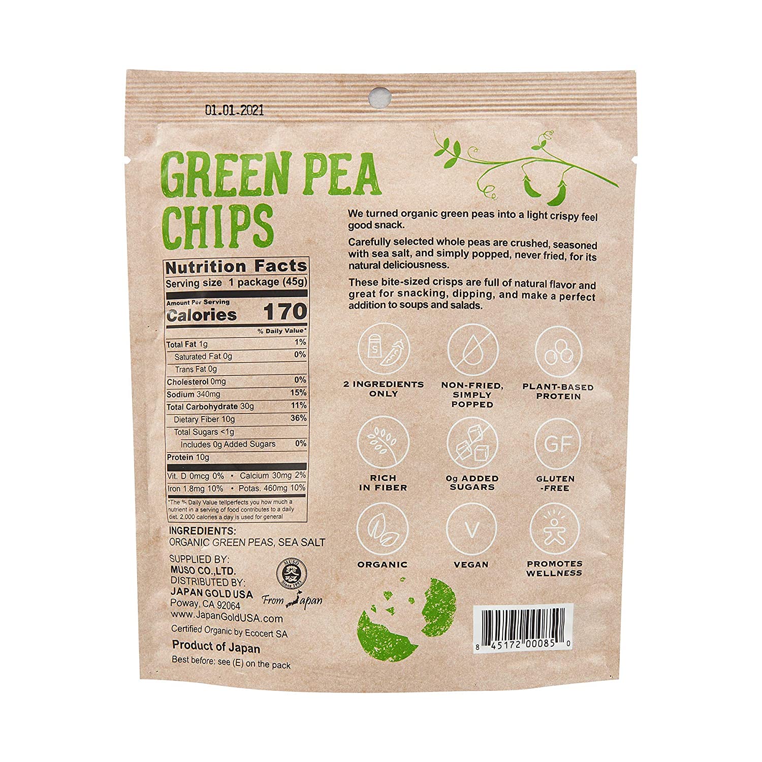 MUSO From Japan Organic Green Pea Chips, 45g, Organic, Vegan, Gluten free, Non GMO